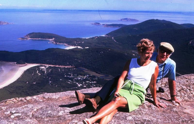 Wilsons Promontory National Park 1973. Hikers at summit of Mt Oberon with Tidal River Campground, Norman Bay, Pillar Point and Tongue Point in background.